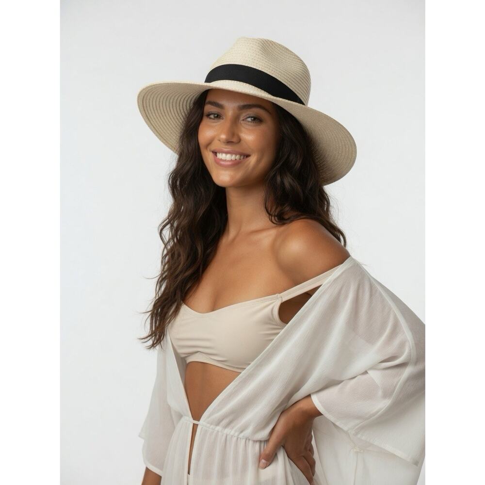 Madewell Women's Cream Packable Fedora Straw Hat w/ Black Ribbon Trim S/M